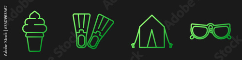 Set line Tourist tent, Ice cream in waffle cone, Rubber flippers and Glasses. Gradient color icons