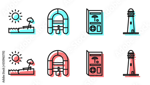 Set line Travel brochure, Beach with umbrella and chair, Rafting boat and Lighthouse icon
