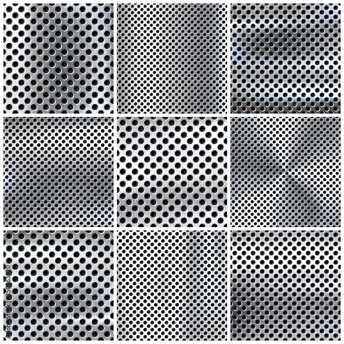 Realistic perforated brushed metal textures set. Polished stainless steel background. Vector illustration.