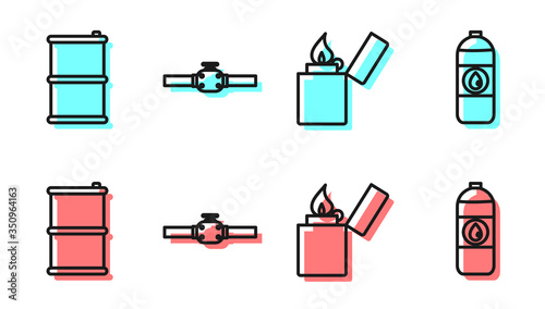 Set line Lighter, Barrel oil, Industry pipes and valve and Canister for motor machine oil icon