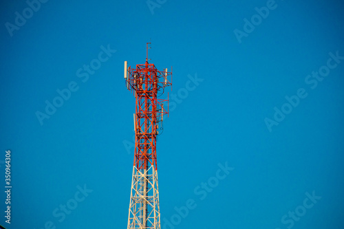 Telecommunication tower of 4G and 5G cellular. Antenna transmission communication. Cell phone signal base station.