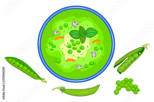 Bowl of the green peas soup isolated on white background. Tasty hot vegetable soup with vegetable and mushroom in plate and open pea pods near. Summer cream soup top view. Stock vector illustration