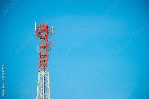 Telecommunication tower of 4G and 5G cellular. Antenna transmission communication. Cell phone signal base station.