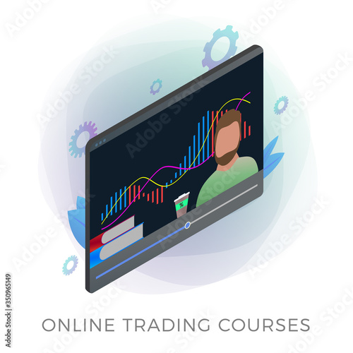 Online Trading Courses isometric vector icon. Distance learning cryptocurrency trading, buying and selling assets in the stock and forex markets, finance management. Isolated on white background.