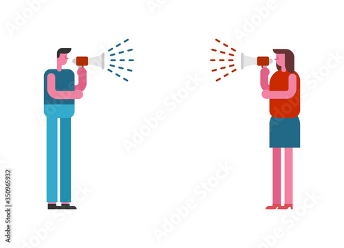 Couple quarreling over megaphone. quarrel in family. Man and woman scream