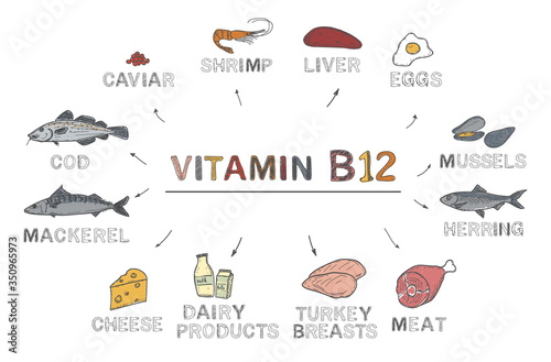 Vitamin B12 (Cobalamin). Foods rich in b12, natural products on white background. Healthy lifestyle concept