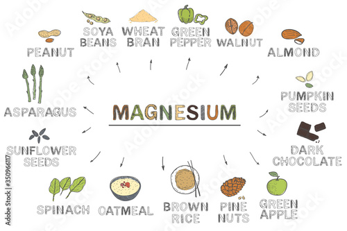 Magnesium  Mg   infographics. Foods rich in magnesium   natural products on white background.Healthy lifestyle concept