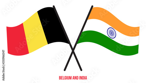 Belgium and India Flags Crossed And Waving Flat Style. Official Proportion. Correct Colors