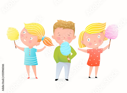 Two little girls and boy eating candy cotton at fair or festival. Cute cartoon of children friends sharing sweets, childhood illustration in watercolor style. Vector isolated clipart.