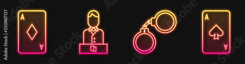 Set line Handcuffs, Playing card with diamonds, Casino dealer and Playing card with spades. Glowing neon icon