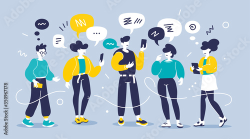 Vector creative illustration of young modern group of people with smart phone on color background. Man and woman chatting communication in messenger.