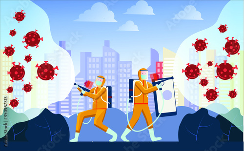 people fight the coronavirus. protect yourself from viruses with shields and disinfectant sprays. modern flat vector illustration design concepts