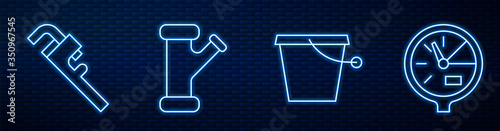 Set line Bucket, Pipe adjustable wrench, Industry metallic pipe and Water meter. Glowing neon icon on brick wall