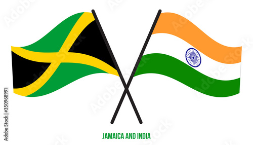 Jamaica and India Flags Crossed And Waving Flat Style. Official Proportion. Correct Colors