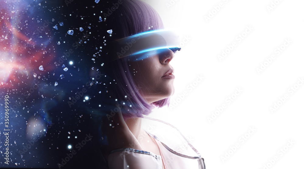 Naklejka premium Beautiful woman with purple hair over white background. Girl in glasses of virtual reality. Augmented reality, game, future technology, AI concept. VR. Blue neon light. Double exposure portrait.