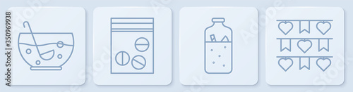 Set line Mixed punch in bowl, Mulled wine, Plastic bag of drug and Carnival garland with flags. White square button