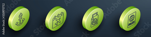 Set Isometric Anchor, Calendar and airplane, Photo camera and Passport icon