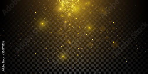 Sparkling golden particles isolated on dark transparent background
