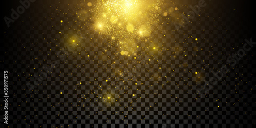 Sparkling golden particles isolated on dark transparent background