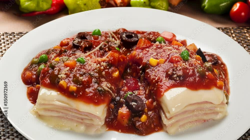 Lasagna with bolognese sauce. Top view with smoke. Lasagna with bolognese sauce. Top view with smoke.