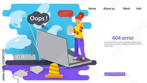 Banner Oops 404 error page not found Internet connection problems girl standing on laptop for websites and mobile apps Flat vector illustration