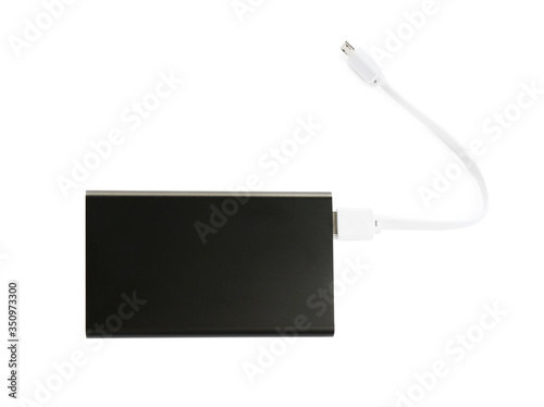 Modern external portable charger with cable isolated on white, top view