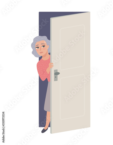 Elderly lady peaking out from behind door. Old woman afraid to leave home or sneaking out. Stay home, social isolation