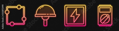 Set line Lightning bolt, Electric circuit scheme, Light emitting diode and Multimeter. Glowing neon icon. Vector