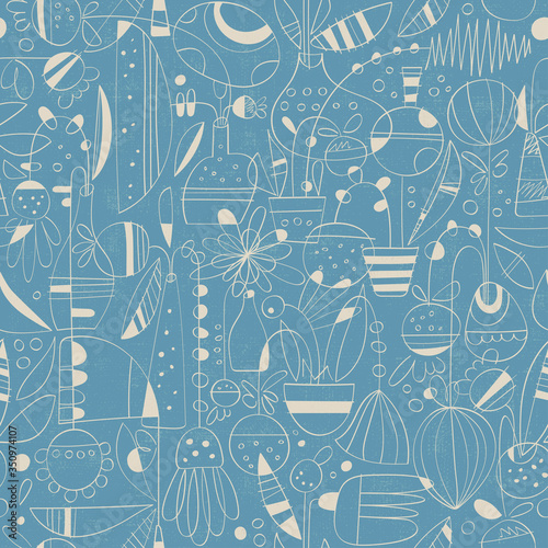 Contemporary Toile de Jouy hand drawn pattern of linear abstract flowers in pots and vases on blue background