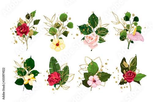 Gold leaves green tropical branch plants with red pink rose flowers wedding bouquet with golden splatters. Floral foliage vector illustration arrangement in watercolor style wedding invitation card