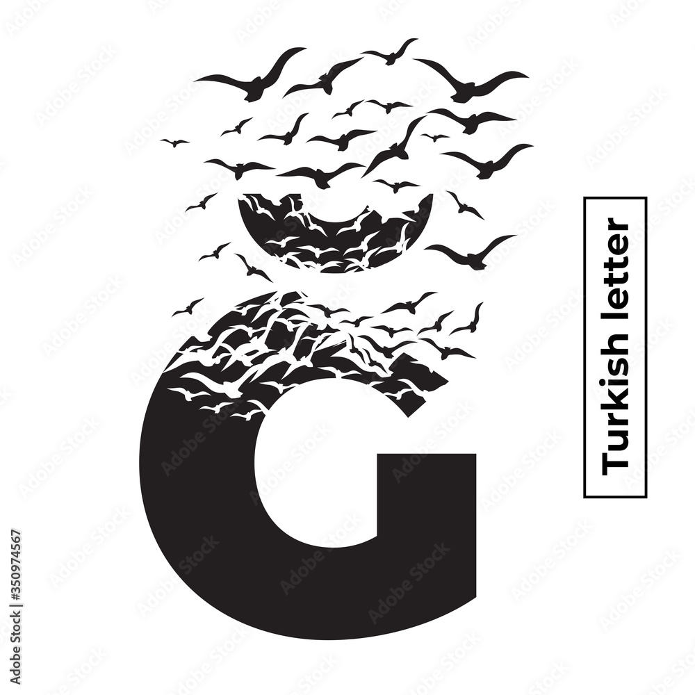 Azerbaijani or Turkish letter with effect of destruction. Dispersion. Birds