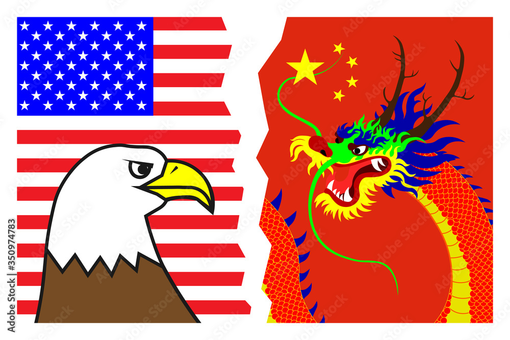 American eagle against the Chinese dragon, against the background of national flags. Vector