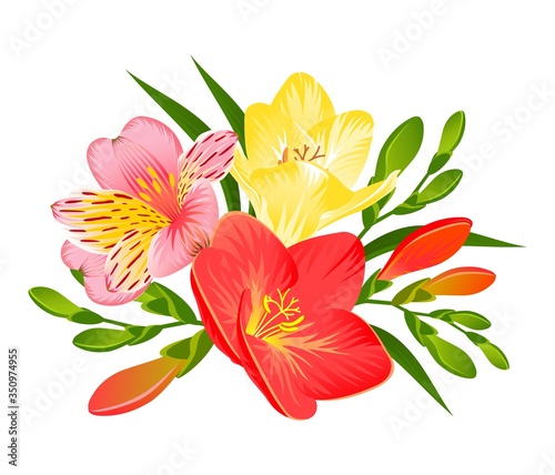 A TROPICAL COMPOSITION WITH THE FLOWERS OF FREESIA AND ALSTROMERIA
