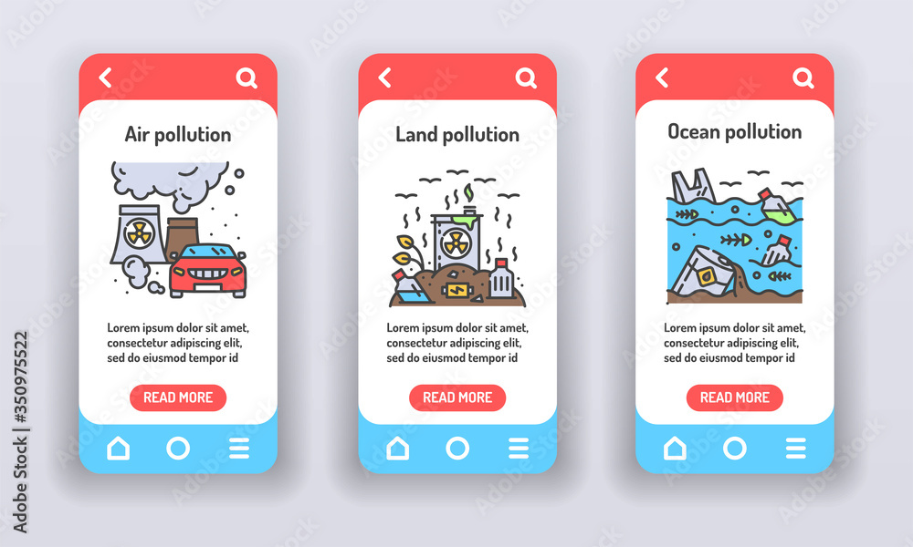 Eco problems on mobile app onboarding screens. Planet pollution ...
