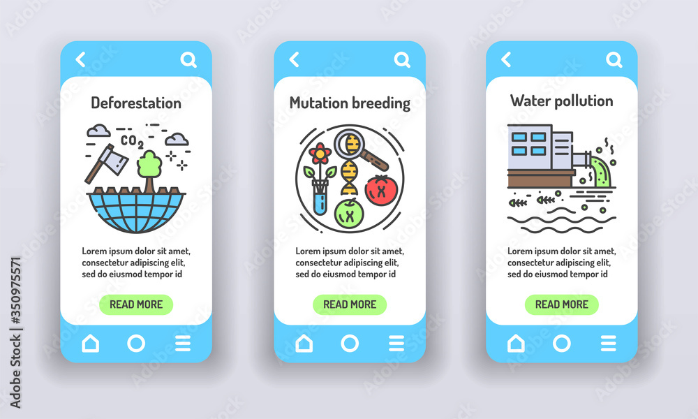 Eco problems on mobile app onboarding screens. Environmental issue. Banners for website on white background and mobile kit development. UI UX GUI template Eco problems on mobile app onboarding screens. Environmental issue. Banners for website on white background and mobile kit development. UI UX GUI template