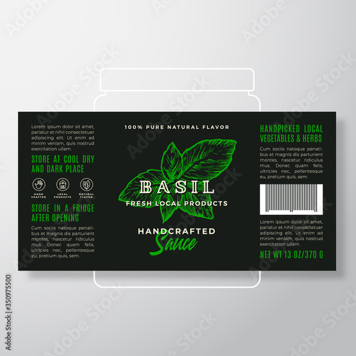 Handcrafted Vegetables and Herbs Sauce Label Template. Abstract Vector Packaging Design Layout. Modern Typography Banner with Hand Drawn Basil Leaves Silhouette Background.