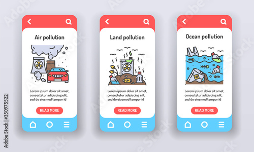 Eco problems on mobile app onboarding screens. Planet pollution. Banners for website on white background and mobile kit development. UI UX GUI template.
