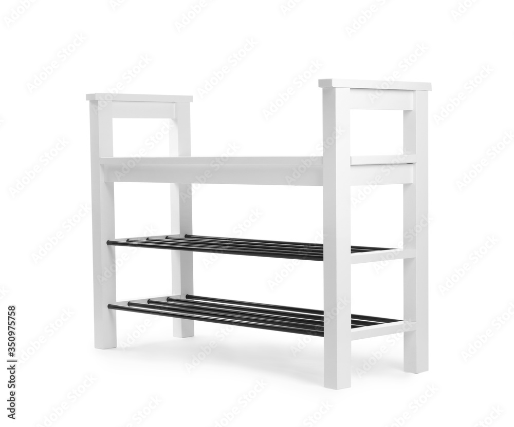 Empty wooden shoe shelf isolated on white Empty wooden shoe shelf isolated on white