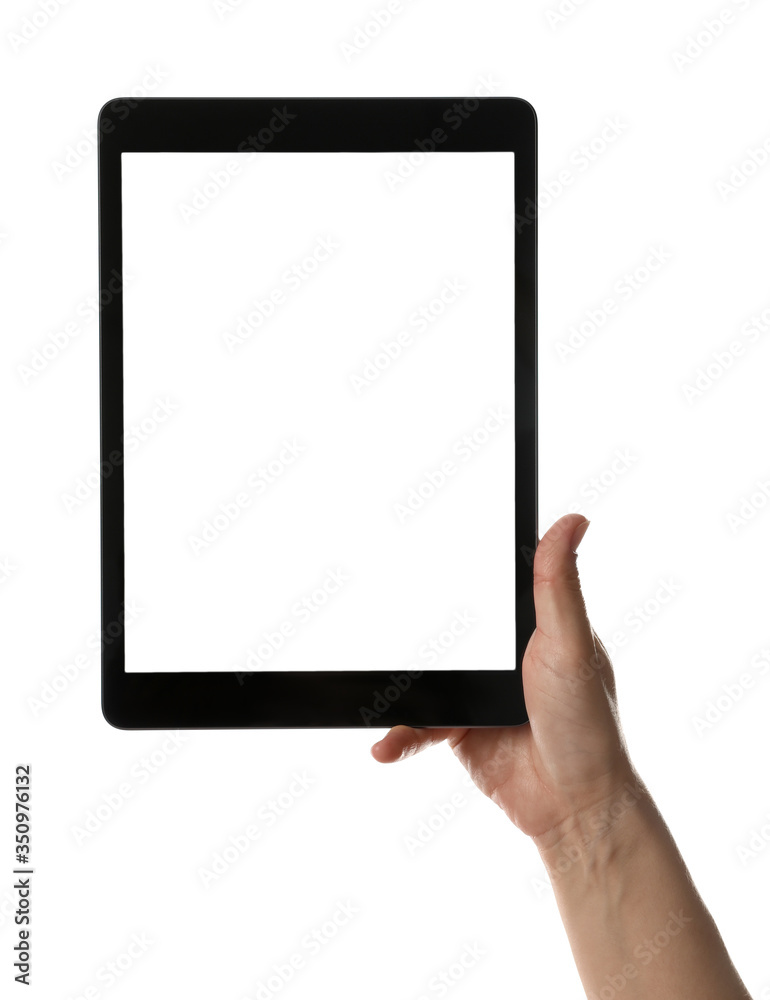 Woman holding tablet computer with blank screen on white background, closeup. Modern gadget Woman holding tablet computer with blank screen on white background, closeup. Modern gadget
