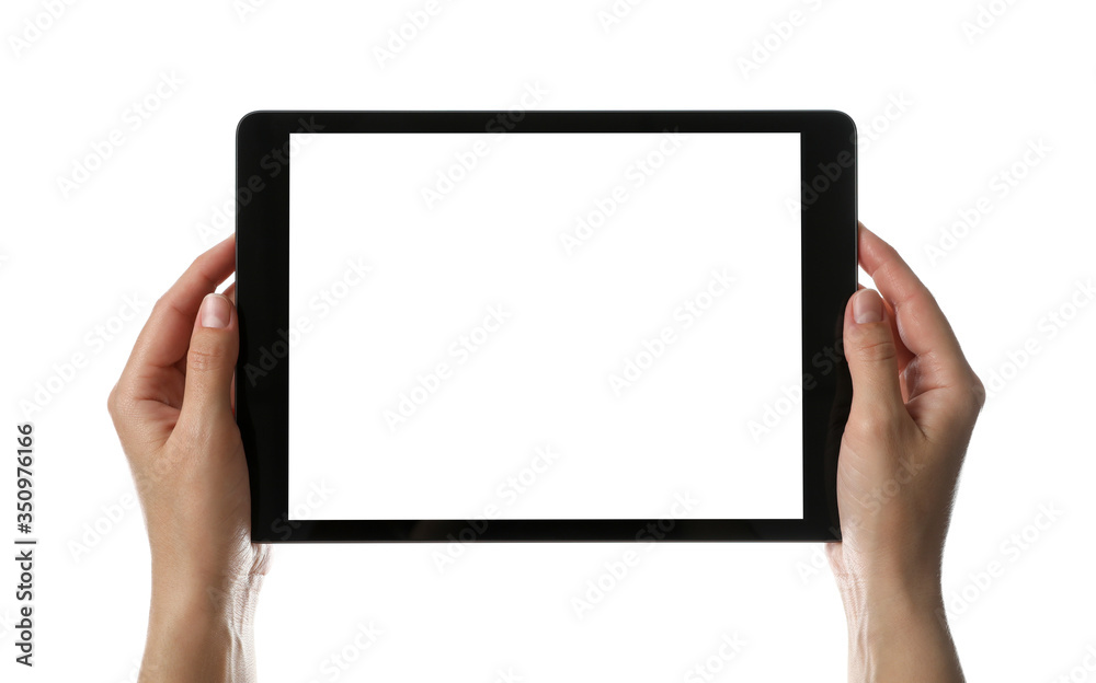 Woman holding tablet computer with blank screen on white background, closeup. Modern gadget Woman holding tablet computer with blank screen on white background, closeup. Modern gadget