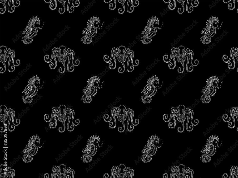 Elegant seamless pattern of white contour octopuses and seahorses with bubbles in zentangle style on a black background. The inhabitants of the sea and ocean. For fabric, clothing, wallpaper. Vector.