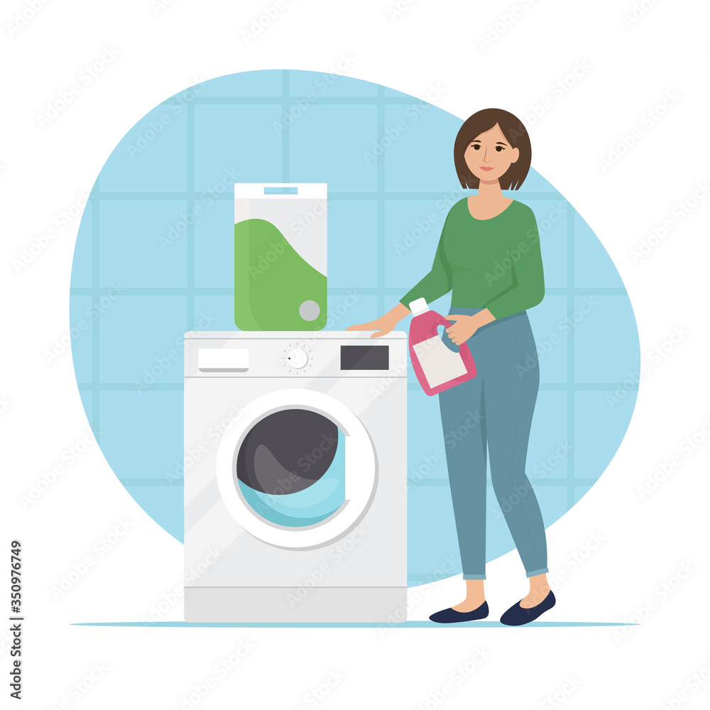 Woman with washing powder in her hands near the washing machine. Housewife concept, washing clothes. Vector illustration in flat style Woman with washing powder in her hands near the washing machine. Housewife concept, washing clothes. Vector illustration in flat style