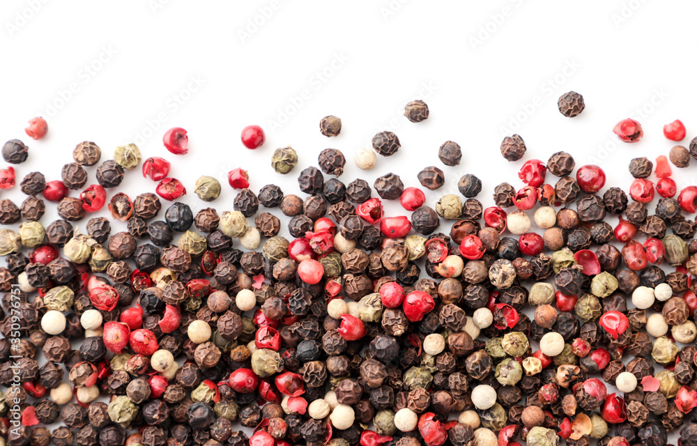 Mix pepper peas on a white background, isolated. The view from top