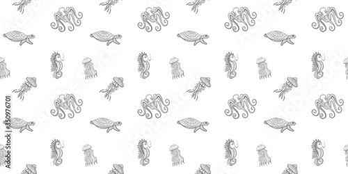 Seamless pattern of black contour ornamental jellyfish, seahorses, sea turtles and octopuses in zentangle style on a white background. Aquatic animals living in the ocean. Vector.