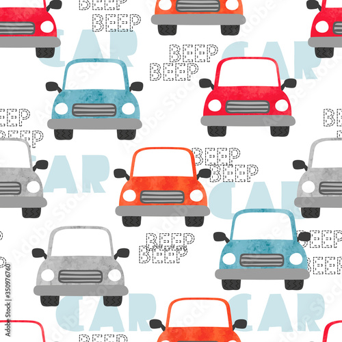 Seamless pattern with colorful watercolor cars. Vector automobile background, suitable for kids textile, fabric, wallpaper