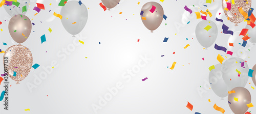 Confetti background with Party poppers and air balloons isolated. Festive vector illustration