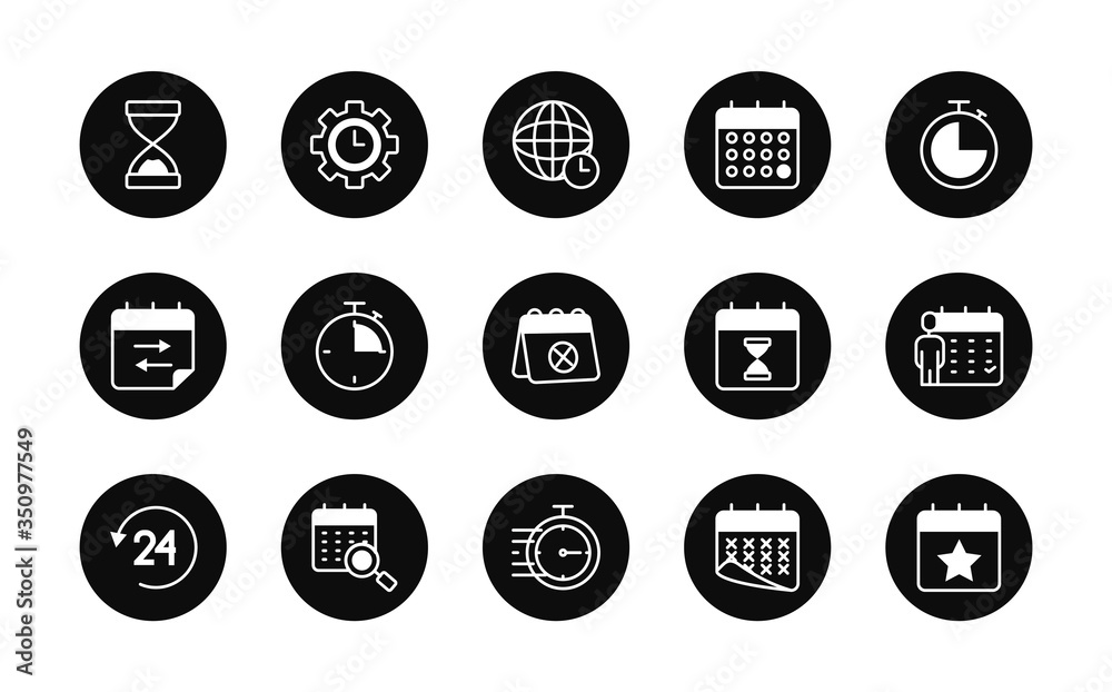 global sphere and calendar icon set, block style