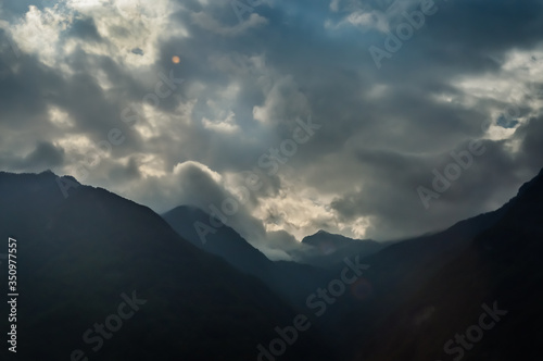 Italian Alps mountains in a cloudy september day, seen from Courmayeur area, Aosta Valley, Italy.