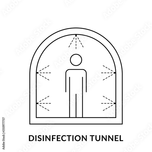Disinfection tunnel line icon. Sanitation tunnel and human figure. Decontamination shower. Coronavirus prevention. Nozzles spray disinfectant mist. Black outline, white background. Vector illustration
