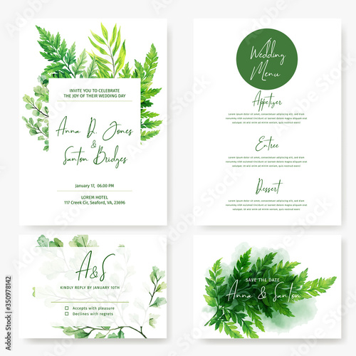 Wedding cards kit, wild watercolor green ferns
